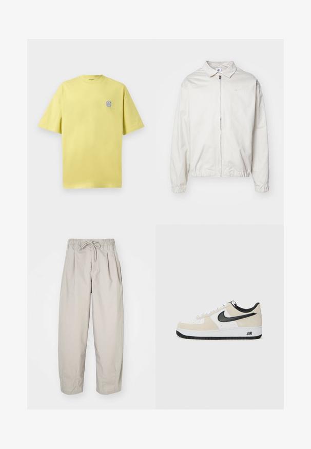 White, lightweight Nike jacket with a collared neckline, front zipper, elastic cuffs, and a small logo on the left chest. Smooth texture.; Lemon yellow cotton T-shirt with short sleeves, round neck, and a small blue logo on the left chest. Soft texture, relaxed fit.; Beige, lightweight trousers with an elastic waistband and drawstring. Features pleats and a loose fit, crafted from soft, smooth fabric.; Sneakers with a light beige suede and white leather upper, black Nike swoosh, black accents, and a white rubber sole featuring "AIR" branding.
