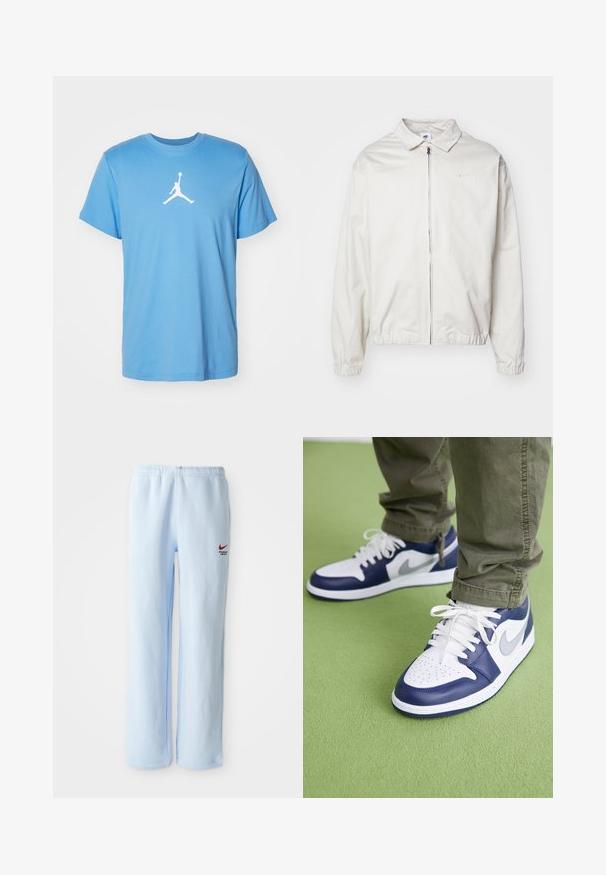 Valge, kerge Nike jakk, milles on krae, ees lukk, elastsed mansetid ja väike logo vasakul rinnal. Sile tekstuur.; Jordan JUMPMAN SHORT SLEEVE CREW - Spordi T-särk - legend blue/white; Heledad sinised dressipüksid elastse vaherindega, millel on väike punane Nike logo ja "Athletic Department" tekst. Pehme puuvillane materjal.; Sinine ja valge nahast mugavussportliku jalatsid, millel on perforatiivne varvas, valged paelad ja hõbedased detailid, kombineeritud oliivroheliste pükstega rohelisel pinnal.