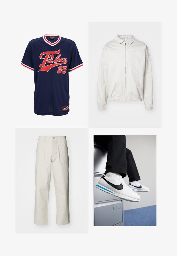 Chaqueta blanca y ligera de Nike con cuello tipo camisa, cremallera frontal, puños elásticos y un pequeño logotipo en el lado izquierdo del pecho. Textura suave.; Jersey de malla azul marino con acentos rojos y blancos, que presenta el logotipo "Fubu" en una fuente cursiva y el número "05" en la parte delantera. Mangas cortas.; Pantalones de pierna ancha color beige claro, hechos de algodón. Cuentan con bolsillos frontales y cierre de botón. Textura suave con sutiles líneas verticales.; Zapatillas blancas de cuero con un swoosh negro de Nike, suela de goma en azul claro y gris, y un diseño clásico de cordones. Pies apoyados en un archivero.