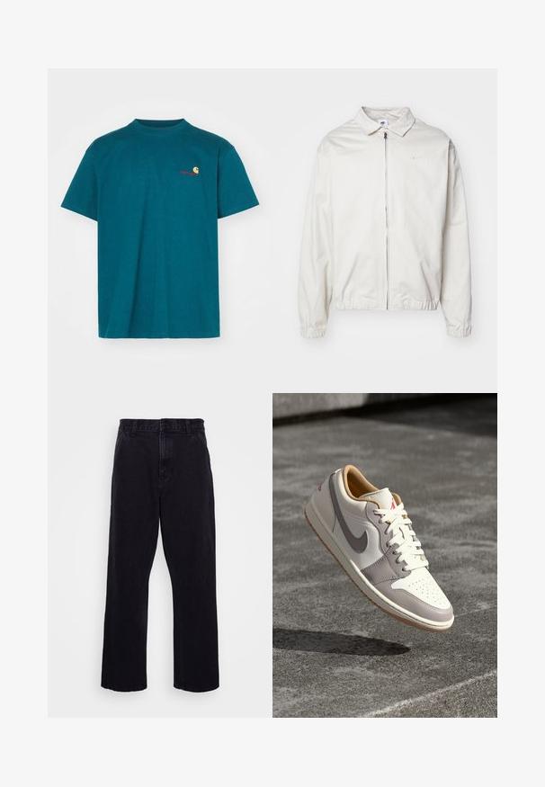 Weiße, leichte Nike-Jacke mit kragenförmigem Ausschnitt, Reißverschluss vorne, elastischen Bündchen und einem kleinen Logo auf der linken Brust. Glatte Textur.; Türkises Baumwoll-T-Shirt mit Rundhalsausschnitt. Verfügt über ein kleines orange-rotes Logo auf der linken Brust. Kurze Ärmel und eine lockere Passform.; Schwarze Jeanshose mit geradem Bein, ausgestattet mit einem Knopf- und Reißverschluss, Gürtelschlaufen und minimalen Nähdetails.; Niedrig geschnittene Sneaker aus cremefarbener Leder mit grauen Akzenten. Verfügt über eine perforierte Zehenbox, weiße Schnürsenkel und eine Sohle aus braunem Gummi. Rotes Logo an der Ferse.