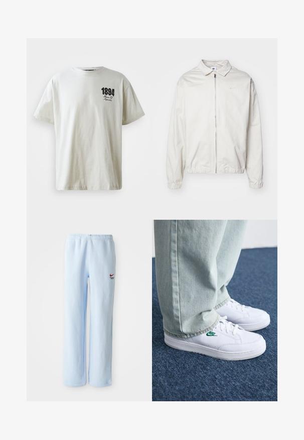 Biała, lekka kurtka Nike z kołnierzykiem, zamek błyskawiczny z przodu, elastycznymi mankietami oraz małym logo na lewej piersi. Gładka faktura.; Jasno beżowy t-shirt z bawełny z krótkimi rękawami i okrągłym dekoltem, z czarnym nadrukiem "1894 House Of Hyperbia" z przodu.; Jasnoniebieskie dresy z elastycznym pasem, z małym czerwonym logo Nike i napisem "Wydział Sportowy". Miękki materiał bawełniany.; Białe skórzane sneakersy z zielonym logo Nike, okrągły czubek, płaska podeszwa, zestawione z jasnoniebieskimi dżinsami, pokazane na niebieskim dywanie.