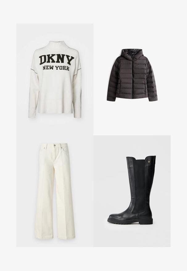 Casaco puff preto com fecho na frente e capuz. Apresenta enchimento em matelassé, punhos elásticos e um forro interior brilhante. Logotipo da Tommy Jeans presente.; DKNY INTARSIA LOGO TURTLENECK HIGH LOW BOXY SWEATER - Camisola - eggnog/black; Calças jeans brancas de perna larga, feitas de tecido de algodão misto. Apresentam fecho de correr, design de cinco bolsos e costura ao longo das costuras.; Bota de couro preta até ao joelho com painéis laterais elásticos, bico arredondado, sola grossa e pequeno logotipo na parte externa.