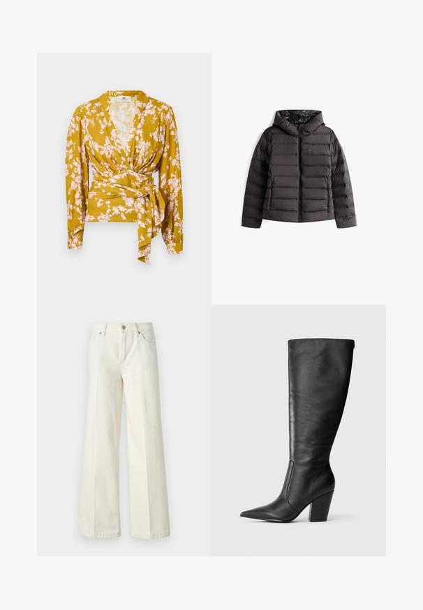 Casaco puff preto com fecho na frente e capuz. Apresenta enchimento em matelassé, punhos elásticos e um forro interior brilhante. Logotipo da Tommy Jeans presente.; Blusa floral em amarelo mostarda com padrões de flores cor-de-rosa, mangas longas e detalhe de atar na cintura. Textura de tecido suave.; Calças jeans brancas de perna larga, feitas de tecido de algodão misto. Apresentam fecho de correr, design de cinco bolsos e costura ao longo das costuras.; Bota de couro preta até ao joelho com bico apontado e salto alto robusto, apresentada em perfil lateral esquerdo sobre fundo branco.