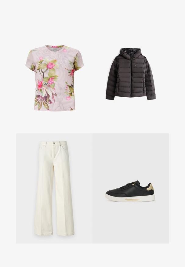 Sort pufferjakke med lynlås foran og hætte. Har quiltet polstring, elastiske manchetter og en blank indvendig foring. Tommy Jeans-logoet er til stede.; Kortærmet blomsterbluse i let stof. Har et pink og grønt botanisk print med livlige blomster på en lys baggrund.; Videbenede hvide jeans lavet af en blanding af bomuldsstof. Har en lynlås i fronten, fem lommer og syninger langs sømmene.; Sort lædersneaker med en glat overflade, hvid gummisål, guldaccenter på hælen og øjet, med et logo på siden.
