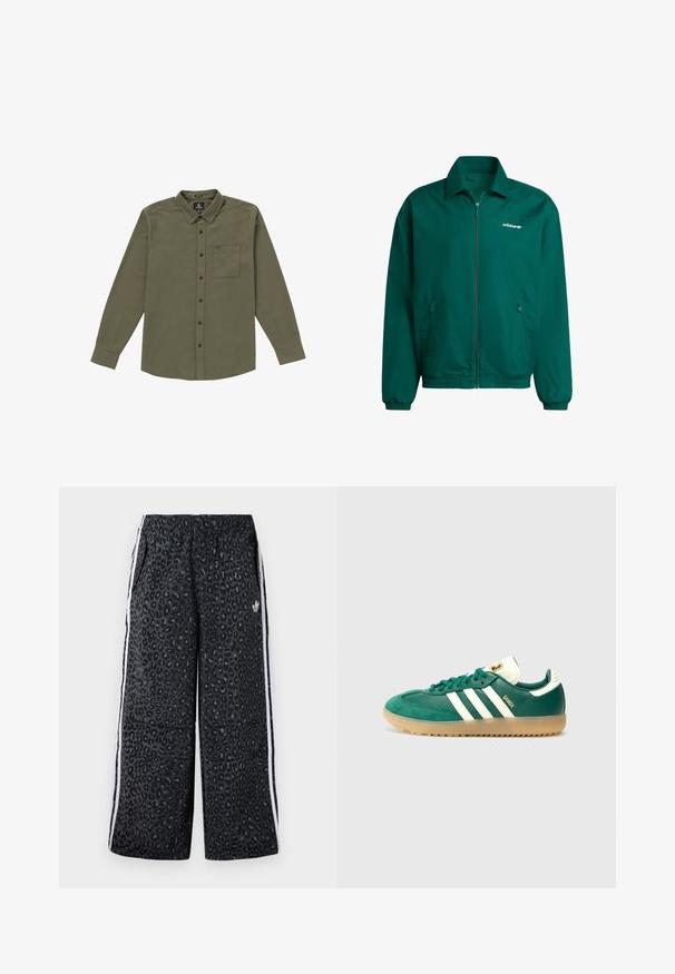 Groene lichtgewicht zip-up jack van synthetisch materiaal. Heeft een kraag, elastische manchetten en twee zijzakken. Adidas-logo aanwezig.; Heren overhemd met knopen in olijfgroen. Gemaakt van zachte stof, met lange mouwen, een borstzak en zwarte knopen. Standaard kraagontwerp.; adidas Originals GRAPHIC UNISEX - Trainingsbroek - black; Groene en witte sportschoenen van suede en leer, met drie witte strepen, een gestructureerde gumzool en logo-details.