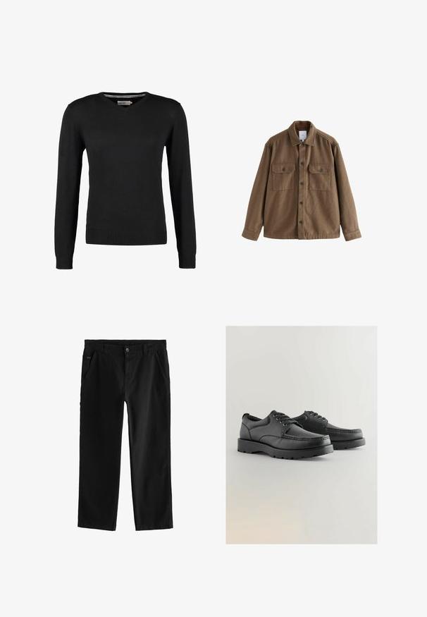 Chaqueta marrón de mezcla de lana con cierre de botones en la parte frontal, dos bolsillos en el pecho y un cuello clásico. Textura suave y corte relajado.; Suéter negro, ajustado, con cuello en V y mangas largas. Hecho de un suave tejido de punto, con puños y cinturilla acanalados. Diseño minimalista.; Pantalones de algodón negros con un diseño de pierna recta, con cierre frontal de botón, bolsillos laterales en ángulo y detalles de costura sutiles.; Zapatos de cuero negro con texturizado en la parte superior, punta redonda, diseño con cordones y suelas de goma gruesa con un patrón de relieve.