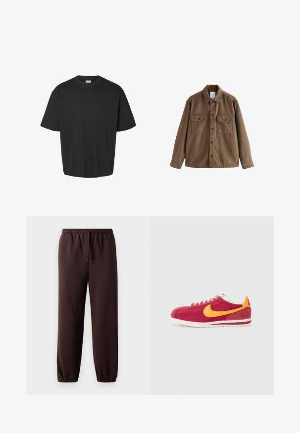 Jachetă dintr-un amestec de lână, de culoare maronie, cu închidere cu nasturi în față, două buzunare pe piept și guler clasic. Textură fină și croi relaxat.; Tricou negru cu mânecă scurtă, fabricat din bumbac moale. Oferă o croială relaxată, gât rotund și un design simplu, fără modele sau accente vizibile.; Pantaloni jogger maro cu talie ajustabilă prin șnur, manșete elastice și material din bumbac neted. Prezintă o croială relaxată și un design minimalist.; Tenisi roșii din suede cu accente galbene, șireturi albe și o talpă texturată. Design clasic cu vârf rotund și detalii cu logo pe lateral.