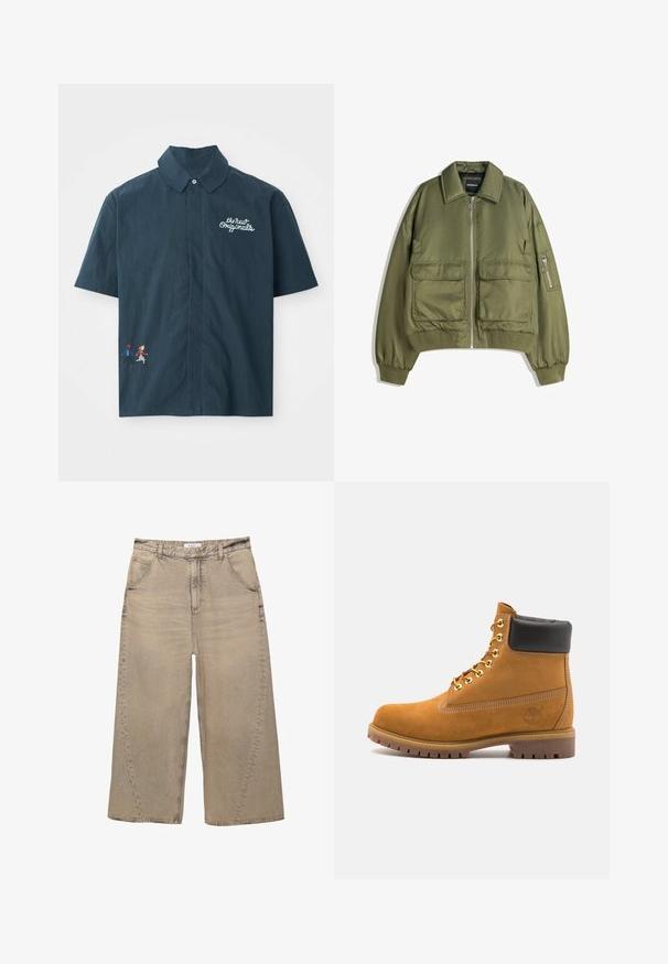 Olivově zelená bomber bunda vyrobená z lehké látky, s předním zipem, dvěma předními kapsami a žebrovanými manžetami a lemem.; Tyrkysová košile s krátkým rukávem vyrobená z bavlny s límečkem na knoflíky. Obsahuje bílé vyšívané písmo a barevný pixelovaný design páru.; Černé bavlněné tričko s kulatým výstřihem, krátkými rukávy a rovného střihu. Má minimální švy a jemnou, hladkou texturu.; PULL&BEAR MEGA BAGGY - Baggy džíny - light grey; Hnědé semišové kotníkové boty s černým polstrovaným límcem, zlatými kovovými očky, bílým prošíváním a odolnou gumovou podrážkou s výraznými drážkami.