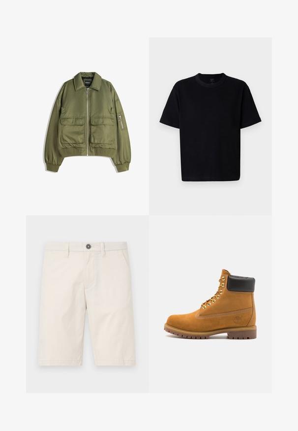Olívazöld bomber dzseki könnyű anyagból, elöl cipzárral, két elülső zsebbel, valamint bordás mandzsettákkal és alsó résszel.; Fekete pamut póló, kerek nyakkivágással, rövid ujjakkal és egyenes szabással. Minimalista varrással és puha, sima textúrával rendelkezik.; Világos bézs színű, pamut anyagú sort, egyenes szabással, két oldalsó zsebbel és egy fekete gombbal a deréknál.; Barna velúr bokacipő fekete párnázott gallérral, arany fém fűzőlyukakkal, fehér varrási részletekkel és durva gumitalppal, amelynek kifejezett barázdái vannak.