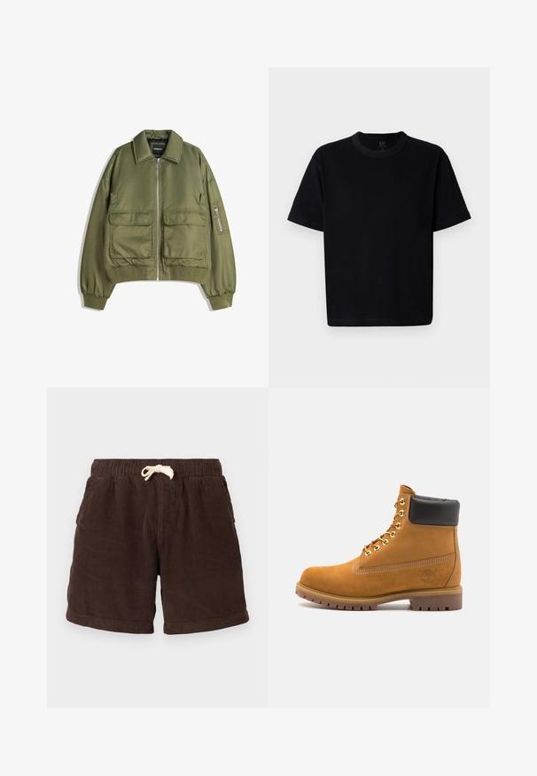 Olivově zelená bomber bunda vyrobená z lehké látky, s předním zipem, dvěma předními kapsami a žebrovanými manžetami a lemem.; Černé bavlněné tričko s kulatým výstřihem, krátkými rukávy a rovného střihu. Má minimální švy a jemnou, hladkou texturu.; Hnědé kordurové šortky s elastickým pasem, stahovací šňůrkou a bočními kapsami. Tkanina má vertikální žebrování a texturovaný povrch.; Hnědé semišové kotníkové boty s černým polstrovaným límcem, zlatými kovovými očky, bílým prošíváním a odolnou gumovou podrážkou s výraznými drážkami.