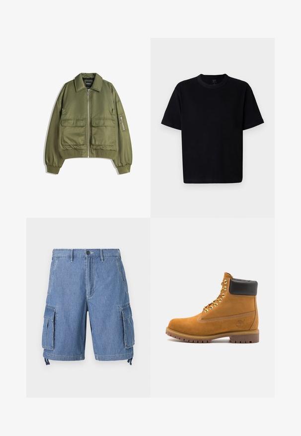 Giacca bomber verde oliva realizzata in tessuto leggero, con zip frontale, due tasche anteriori e polsini e orlo a costine.; Maglietta nera in cotone con scollatura rotonda, maniche corte e taglio dritto. Presenta cuciture minime e una texture morbida e liscia.; Shorts cargo in denim blu con chiusura a bottone, due tasche anteriori e due grandi tasche laterali con pattina. Inclusi cordini regolabili all'orlo.; Stivale alla caviglia in suede tan con collare imbottito nero, occhielli in metallo dorato, dettagli in cucitura bianca e suola in gomma robusta con battistrada pronunciato.