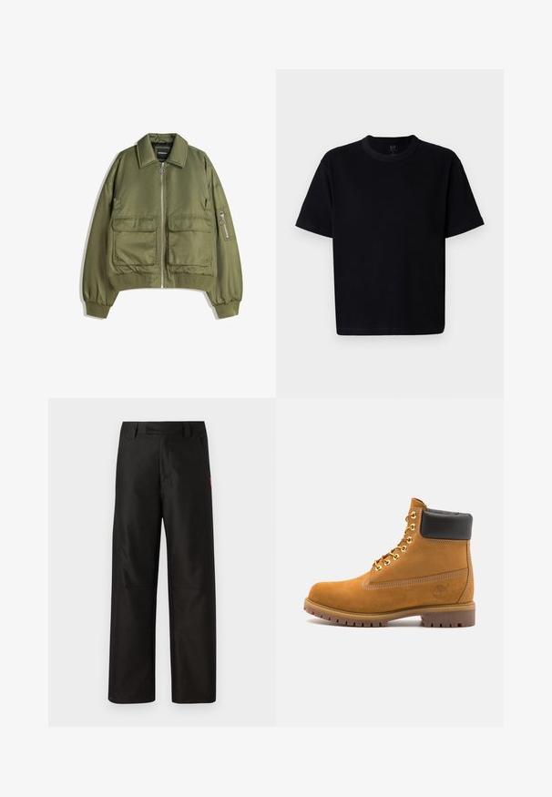 Olívazöld bomber dzseki könnyű anyagból, elöl cipzárral, két elülső zsebbel, valamint bordás mandzsettákkal és alsó résszel.; Fekete pamut póló, kerek nyakkivágással, rövid ujjakkal és egyenes szabással. Minimalista varrással és puha, sima textúrával rendelkezik.; Fekete, bő szárú nadrág sima anyagból, lapos elejével, övhurkokkal és két oldalsó zsebével. Oldalán piros márkalogó díszítés.; Barna velúr bokacipő fekete párnázott gallérral, arany fém fűzőlyukakkal, fehér varrási részletekkel és durva gumitalppal, amelynek kifejezett barázdái vannak.