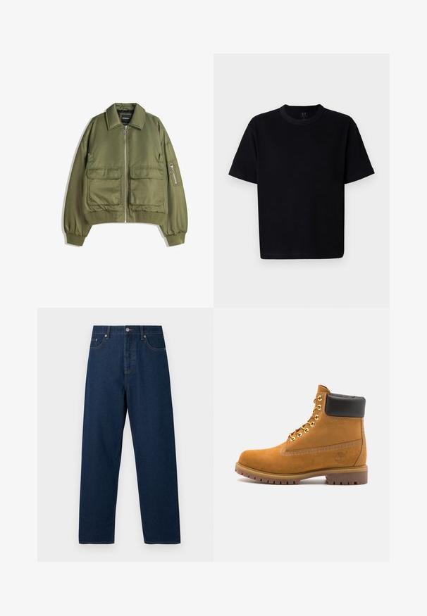 Olivegrüner Bomberjacke aus leichtem Material, mit Reißverschluss vorne, zwei Vorderaschen und gerippten Bündchen und Saum.; Schwarzes Baumwoll-T-Shirt mit Rundhalsausschnitt, kurzen Ärmeln und geradem Schnitt. Minimale Nähte und eine weiche, glatte Textur.; Dunkelblaue Jeans aus Denim mit geradem Schnitt, fünf Taschen und einem Knopfverschluss. Sie verfügen über kontrastierende Nähte und einen klassischen Bund.; Beige Wildleder-Ankle-Boot mit schwarzem gepolstertem Kragen, goldenen Metallösen, weißen Nähdetalben und einer robusten Gummisohle mit ausgeprägtem Profil.