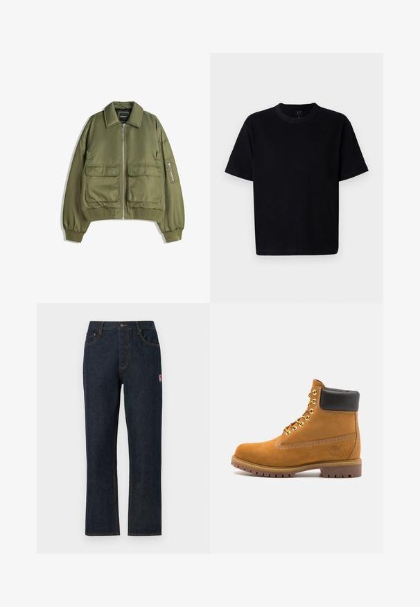 Olivově zelená bomber bunda vyrobená z lehké látky, s předním zipem, dvěma předními kapsami a žebrovanými manžetami a lemem.; Černé bavlněné tričko s kulatým výstřihem, krátkými rukávy a rovného střihu. Má minimální švy a jemnou, hladkou texturu.; Tmavě modré denimové džíny s rovnými nohavicemi, klasický design s pěti kapsami, uzávěr na horní knoflík a kontrastní oranžové prošívání. Červená nášivka s logem na boku.; Hnědé semišové kotníkové boty s černým polstrovaným límcem, zlatými kovovými očky, bílým prošíváním a odolnou gumovou podrážkou s výraznými drážkami.