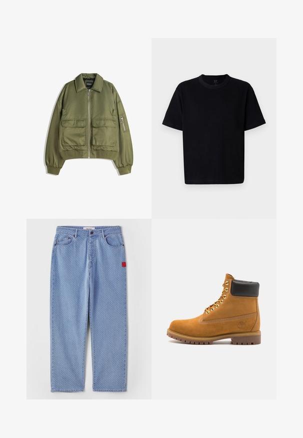 Olivově zelená bomber bunda vyrobená z lehké látky, s předním zipem, dvěma předními kapsami a žebrovanými manžetami a lemem.; Černé bavlněné tričko s kulatým výstřihem, krátkými rukávy a rovného střihu. Má minimální švy a jemnou, hladkou texturu.; Světle modré džíny z denimu s jemným vzorem, rovnými nohavicemi, pěti kapsami a červenou nášivkou na levé kapse.; Hnědé semišové kotníkové boty s černým polstrovaným límcem, zlatými kovovými očky, bílým prošíváním a odolnou gumovou podrážkou s výraznými drážkami.