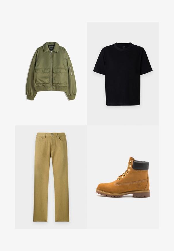 Olivegrüner Bomberjacke aus leichtem Material, mit Reißverschluss vorne, zwei Vorderaschen und gerippten Bündchen und Saum.; Schwarzes Baumwoll-T-Shirt mit Rundhalsausschnitt, kurzen Ärmeln und geradem Schnitt. Minimale Nähte und eine weiche, glatte Textur.; Olivgrüne, gerade geschnittene Hose mit vorderen Taschen, einem Knopfverschluss und einem dezenten strukturierten Muster über dem Stoff.; Beige Wildleder-Ankle-Boot mit schwarzem gepolstertem Kragen, goldenen Metallösen, weißen Nähdetalben und einer robusten Gummisohle mit ausgeprägtem Profil.