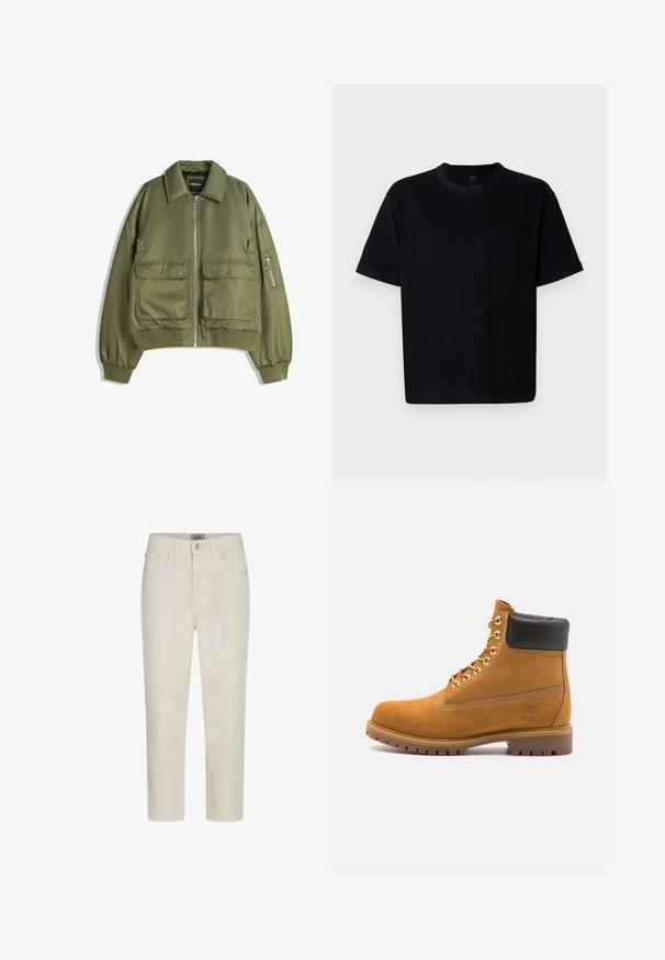 Olívazöld bomber dzseki könnyű anyagból, elöl cipzárral, két elülső zsebbel, valamint bordás mandzsettákkal és alsó résszel.; Fekete pamut póló, kerek nyakkivágással, rövid ujjakkal és egyenes szabással. Minimalista varrással és puha, sima textúrával rendelkezik.; Beige egyenes szárú farmer, elülső gombbal, övcsat lyukakkal és öt zsebbel, fehér háttéren kiállítva.; Barna velúr bokacipő fekete párnázott gallérral, arany fém fűzőlyukakkal, fehér varrási részletekkel és durva gumitalppal, amelynek kifejezett barázdái vannak.