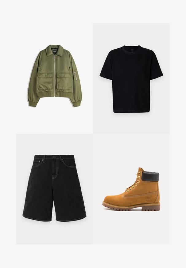 Olivengrøn bomberjakke lavet af letvægtsstof, med lynlås foran, to frontlommer og ribbede manchetter og kant.; Sort bomulds t-shirt med rund halsudskæring, korte ærmer og lige snit. Har minimal syning og en blød, glat tekstur.; Sorte denimshorts med lige snit, med kontrasterende hvid syning, foran lommer og en knapliv. Glat tekstur.; Tan nubuck ankelstøvle med sort polstret krave, gyldne metaløjer, hvid syning detaljer og robust gummisål med udtalte slidbaner.