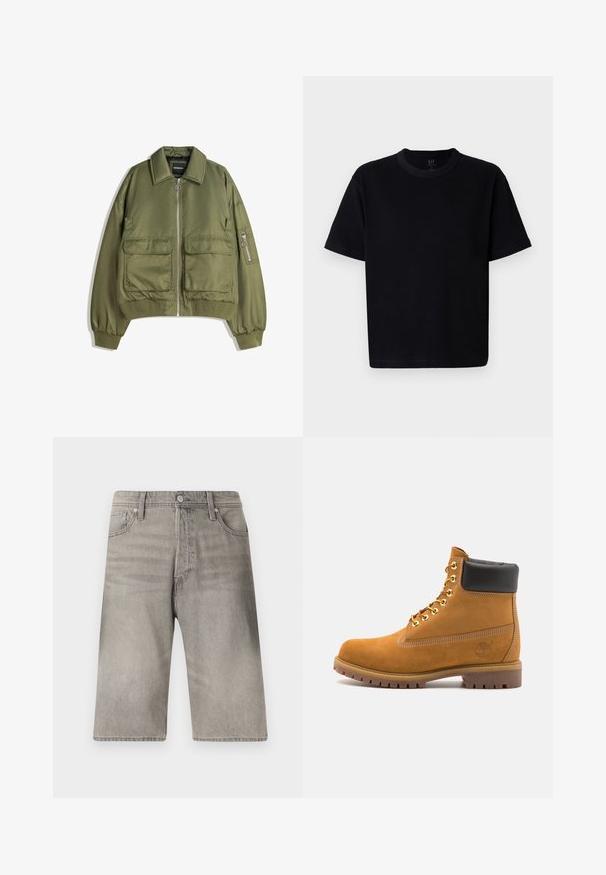 Giacca bomber verde oliva realizzata in tessuto leggero, con zip frontale, due tasche anteriori e polsini e orlo a costine.; Maglietta nera in cotone con scollatura rotonda, maniche corte e taglio dritto. Presenta cuciture minime e una texture morbida e liscia.; Shorts in denim grigio con un taglio dritto, dotati di chiusura a bottone, cinque tasche e lieve sbiadimento su tutto il tessuto.; Stivale alla caviglia in suede tan con collare imbottito nero, occhielli in metallo dorato, dettagli in cucitura bianca e suola in gomma robusta con battistrada pronunciato.