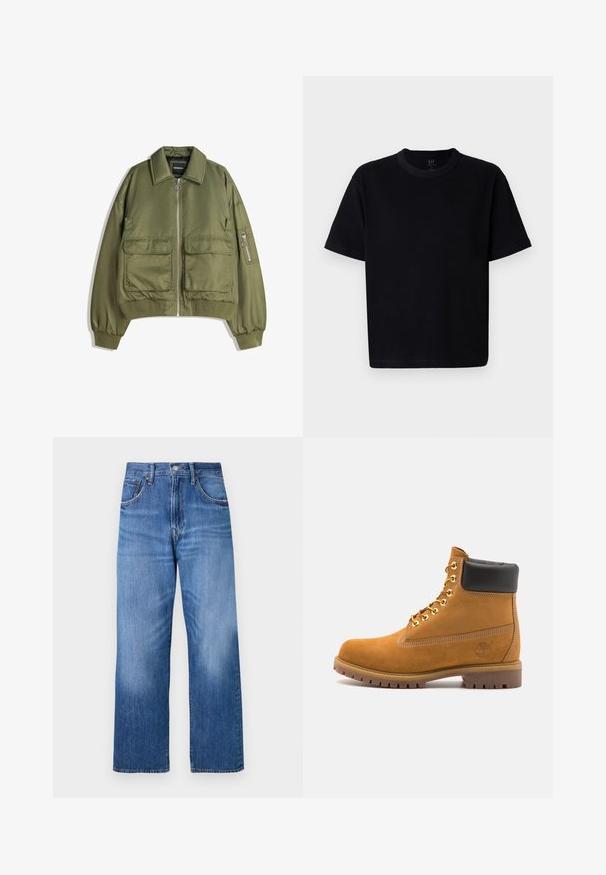 Olivovo zelená bombera vyrobená z ľahkej tkaniny, s predným zipsom, dvoma prednými vreckami a rebrovanými manžetami a spodným lemom.; Čierne bavlnené tričko s okrúhlym výstrihom, krátkymi rukávmi a rovný strih. Obsahuje minimálne švy a má mäkkú, hladkú textúru.; Svetlomodré denimové džínsy s širokými nohavicami, obsahujúce päť vreciek, predné zapínanie na gombík a jemné vyblednutie vpredu.; Tyrkysové semišové členkové topánky s čiernym polstrovaným golierom, zlatými kovovými očkami, bielym prešívaním a robustnou gumovou podrážkou s výraznými drážkami.