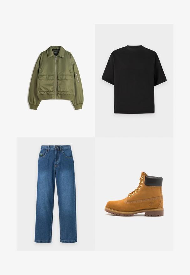 Olivgrön bomberjacka i lätt tyg, med dragkedja fram, två framfickor samt ribbade ärmslut och fåll.; Svart kortärmad T-shirt i lös passform, tillverkad av mjuk bomull, med rund halsringning och minimalistisk design.; Denimjeans i en medelblå tvätt, med en rak benDesign, fem fickor och gula sömnadsdetaljer.; Tan mockasins ankelstövlar med svart vadderad krage, guldmetallöglor, vit sömdekor och slitstöt gummisula med utmärkta mönster.