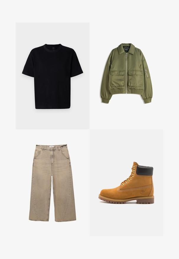 Olivengrøn bomberjakke lavet af letvægtsstof, med lynlås foran, to frontlommer og ribbede manchetter og kant.; Sort bomulds t-shirt med rund halsudskæring, korte ærmer og lige snit. Har minimal syning og en blød, glat tekstur.; PULL&BEAR MEGA BAGGY - Baggy jeans - light grey; Tan nubuck ankelstøvle med sort polstret krave, gyldne metaløjer, hvid syning detaljer og robust gummisål med udtalte slidbaner.