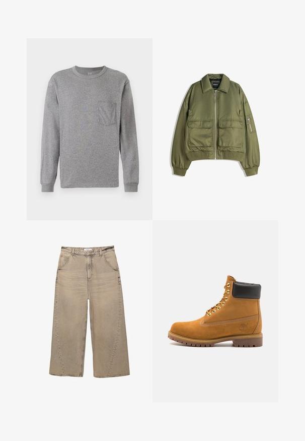 Olivengrøn bomberjakke lavet af letvægtsstof, med lynlås foran, to frontlommer og ribbede manchetter og kant.; Grå langærmet t-shirt med rund hals, med en brystlomme og ribbede manchetter. Lavet af blødt, letvægts bomuldsstof.; PULL&BEAR MEGA BAGGY - Baggy jeans - light grey; Tan nubuck ankelstøvle med sort polstret krave, gyldne metaløjer, hvid syning detaljer og robust gummisål med udtalte slidbaner.