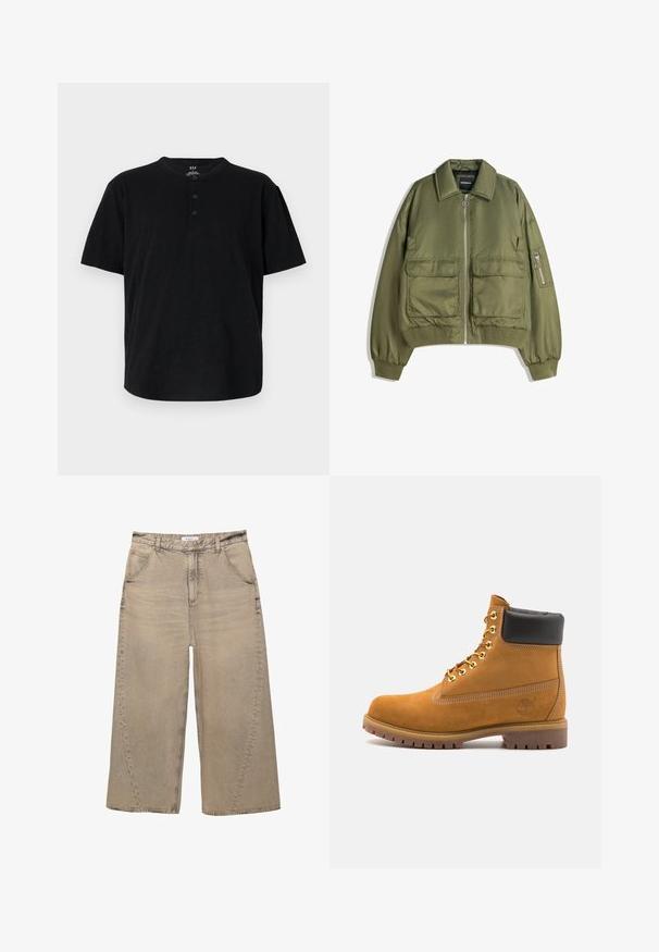 Jasnozielona bomberka wykonana z lekkiego materiału, z zamkiem z przodu, dwoma przednimi kieszeniami oraz ściągaczami przy mankietach i u dołu.; Czarna, krótki rękaw, T-shirt z okrągłym dekoltem, trzema guzikami i luźnym krojem. Wykonany z miękkiej, fakturowanej tkaniny.; PULL&BEAR - Jeansy baggy; Beżowe zamszowe botki sięgające kostki z czarną wyściełaną krawędzią, złotymi oczkami, białymi detalami szycia oraz wytrzymałą gumową podeszwą z wyraźnym bieżnikiem.