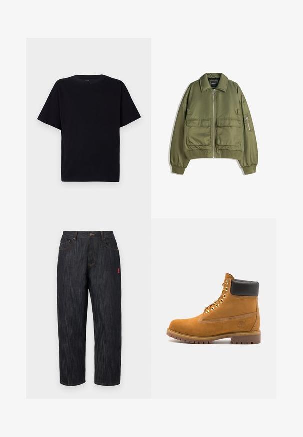 Olivově zelená bomber bunda vyrobená z lehké látky, s předním zipem, dvěma předními kapsami a žebrovanými manžetami a lemem.; Černé tričko s krátkými rukávy a kulatým výstřihem. Vyrobeno z měkké látky, s volným střihem a bez viditelných vzorů nebo akcentů.; Tmavě modré džíny s volným střihem. Mají zapínání na knoflík, pět kapes a kontrastní oranžové prošívání. Červená nášivka na boku.; Hnědé semišové kotníkové boty s černým polstrovaným límcem, zlatými kovovými očky, bílým prošíváním a odolnou gumovou podrážkou s výraznými drážkami.
