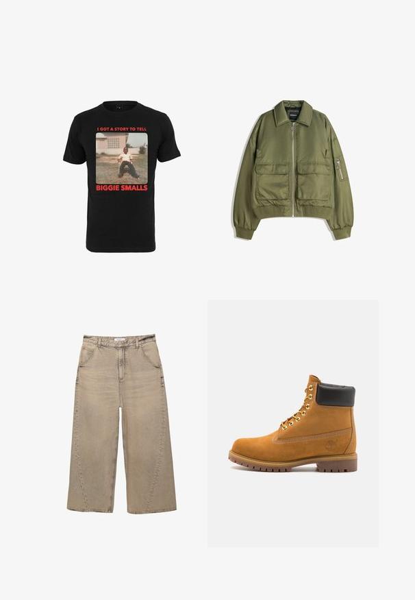 Olivovo zelená bombera vyrobená z ľahkej tkaniny, s predným zipsom, dvoma prednými vreckami a rebrovanými manžetami a spodným lemom.; Čierne bavlnené tričko s vintage fotografiou a červeným textom "MÁM PRÍBEH NA POROZPRÁVANIE BIGGIE SMALLS" pod obrázkom.; PULL&BEAR MEGA BAGGY - Džínsy baggy - light grey; Tyrkysové semišové členkové topánky s čiernym polstrovaným golierom, zlatými kovovými očkami, bielym prešívaním a robustnou gumovou podrážkou s výraznými drážkami.