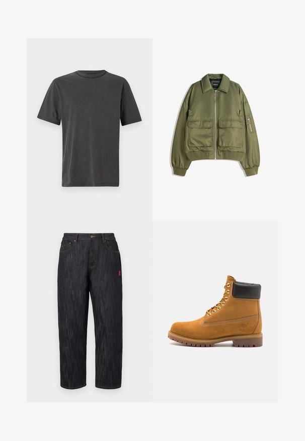Olivengrøn bomberjakke lavet af letvægtsstof, med lynlås foran, to frontlommer og ribbede manchetter og kant.; Mørkegrå kortærmet t-shirt med rund hals, lavet af blødt bomuldsstof, prydet med subtil syningsdetalje langs kanterne.; Mørke denim jeans med en løs pasform. Har en knaplukning, fem lommer og kontrasterende orange syninger. Rød label på siden.; Tan nubuck ankelstøvle med sort polstret krave, gyldne metaløjer, hvid syning detaljer og robust gummisål med udtalte slidbaner.