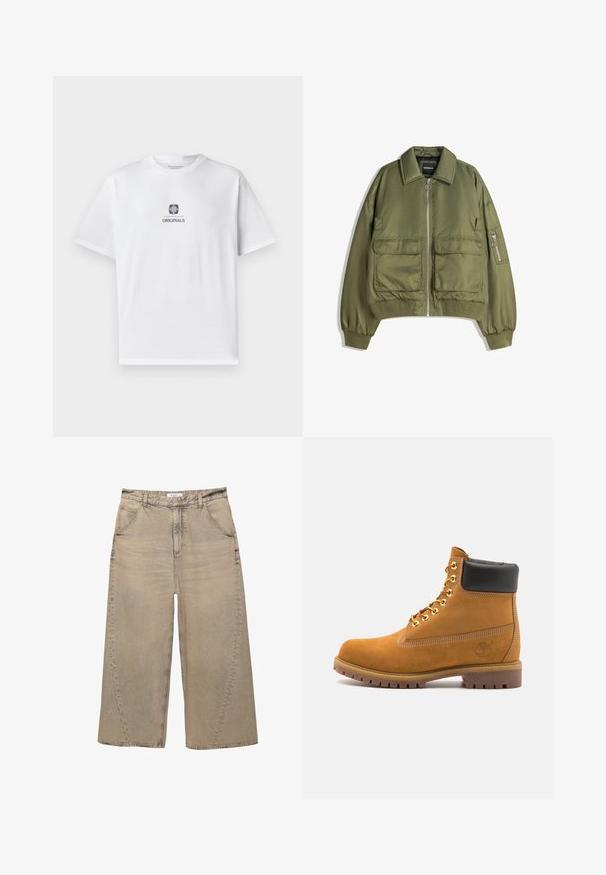 Maslinzha bomber jakna od laganog materijala, s prednjim zatvaračem, dva prednja džepa i rebrastim manžetama i rubom.; Bijela pamučna majica kratkih rukava s centralnom grafikom lava i riječju "ORIGINALS" u crnoj boji, s okruglim izrezom i opuštenim krojem.; PULL&BEAR MEGA BAGGY - Vrećaste traperice - light grey; Antracitne antilop čizme do gležnjeva s crnim podstavljenim ovratnikom, zlatnim metalnim rupicama, bijelim šavovima i robusnom gumenom potplatom s izraženim šarama.
