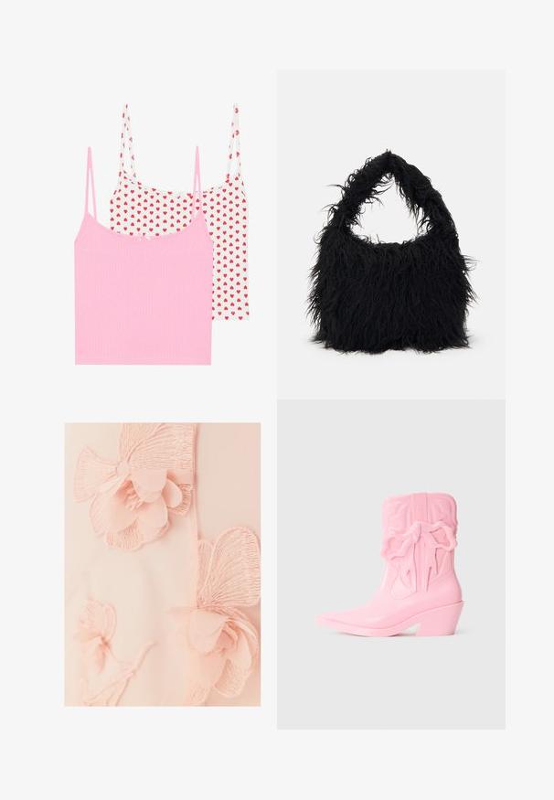 Mustang Leren jas - schwarz; Twee tanktops: één effen roze met een geribbelde textuur, en één wit met een rode hartprint. Beide hebben dunne bandjes en een kleine decoratieve strik.; Lichtroze stof met geborduurde bloemen en gelaagde bloemblaadjes, die een getextureerd ontwerp creëren met zachte, delicate accenten.; Roze plastic cowboylaars met een spitse neus en een stevige hak. Bevat een verhoogde strikdetail aan de zijkant en gegraveerde branding. Soepele textuur.; Even&Odd Shopper - black