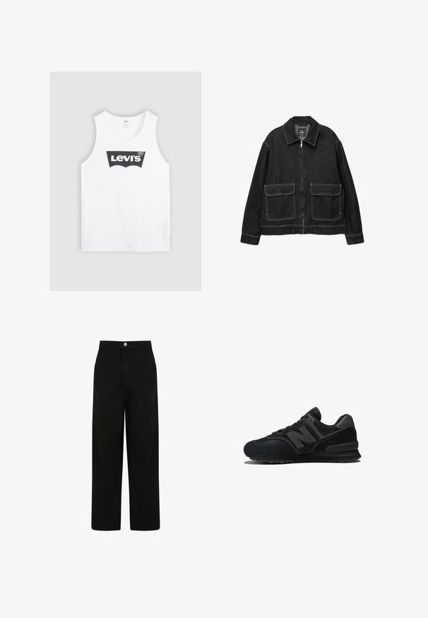 Mustapohjainen farkkutakki etuvetoketjulla, kahdella suurella läpällä varustetulla taskulla ja kontrastivalkoisilla ompeleilla. Takissa on klassinen kaulus ja pitkät hihat.; Valkoinen puuvillainen hihaton paita, jossa on musta Levi's-logo keskellä. Yksinkertainen muotoilu, jossa on pyöreä kaula-aukko ja leveät kainalot.; Mustat leveälahkeiset housut, valmistettu puuvillasta. Ominaisuuksiin kuuluu etunappikiinnitys, kaksi sivutaskua ja rento istuvuus.; Mustat sneakerit, joissa on samettinen ja verkkomateriaali päällinen, paksu pohja ja näkyvä 'N' logo sivulla. Raikas rakenne, jossa on nauhakiristys.