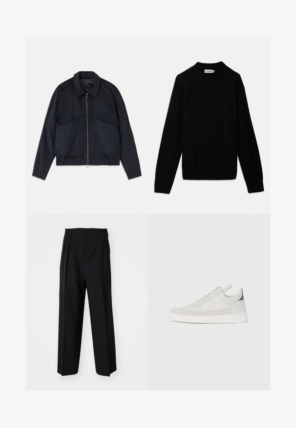 Tamsiai mėlynas švarkas su apykakle, priekinė užtrauktuko uždarymo ir elastiniais rankogaliais. Turi dvi šonines kišenes ir lygią, tekstūruotą dizainą.; Juodas megztinis su įdubtu apykakliu, ilgomis rankovėmis ir tekstūrinio mezginio raštu. Nėra matomų logotipų ar dekoracijų.; Juodi klostuoti kelnių, su tiesiu, plačiu kojų dizainu. Pagaminti iš lygios medžiagos, su mygtukų uždarymu ir diržo kilputėmis.; Balti odiniai sportbačiai su pilkais zomšos akcentais, su raišteliais, su traukimo juostele ir tekstūruota guma, kurioje matomas zigzago raštas.