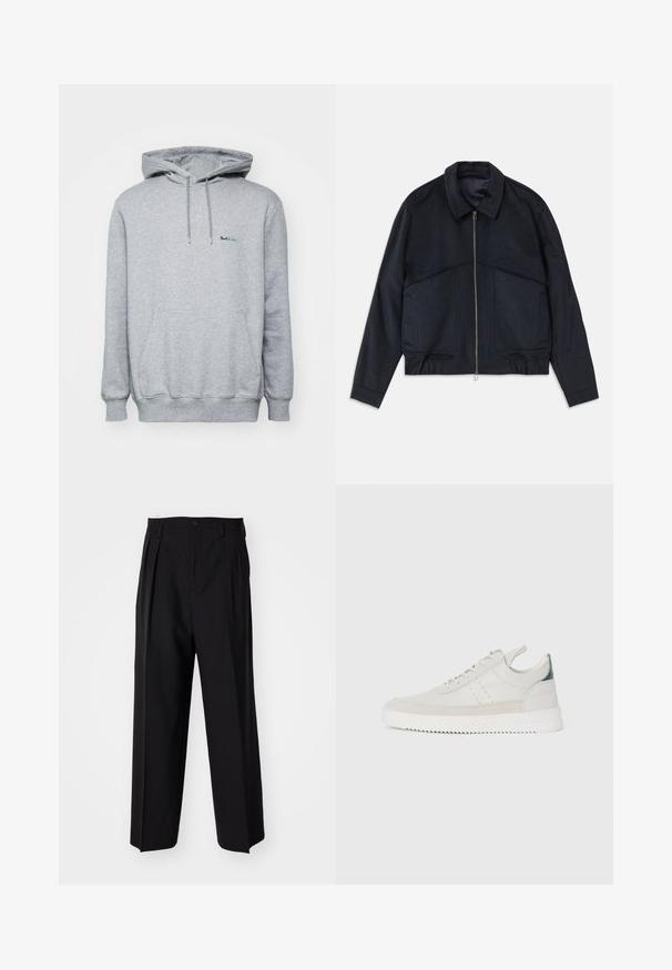 Dunkelmarineblauer Jacke mit Kragen, Frontreißverschluss und elastischen Bündchen. Verfügt über zwei Seitentaschen und ein glattes, strukturiertes Design.; Grauer Sweatshirt mit Kapuze, Kordelzügen, Fronttasche und gerippten Bündchen. Auf der linken Brustseite befindet sich ein blauer, gestickter Logo.; Schwarze, plissierte Hose mit geradem, weitem Bein. Hergestellt aus glattem Stoff, mit Knopfverschluss und Gürtelschlaufen.; Weiße Leder-Sneaker mit grauen Wildleder-Akzenten, Schnürdesign, Zuglasche und strukturiertem Gummisohle mit Zickzackmuster.