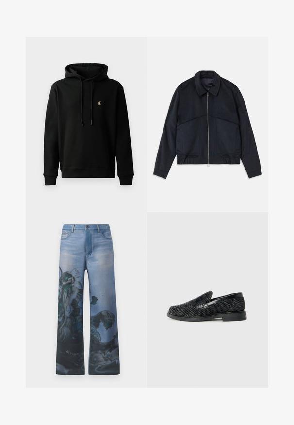 Dark navy jacket with a collared neck, front zipper, and elastic cuffs. Features two side pockets and a smooth, textured design.; Black hoodie made of cotton blend, featuring a front kangaroo pocket, drawstring hood, and a small embroidered logo on the chest.; Wide-leg jeans in faded blue denim with intricate graphic pattern featuring a detailed design in black and teal shades on one leg.; Black woven slip-on shoe with a smooth leather accent on the upper, a round toe design, and a low-profile rubber sole.