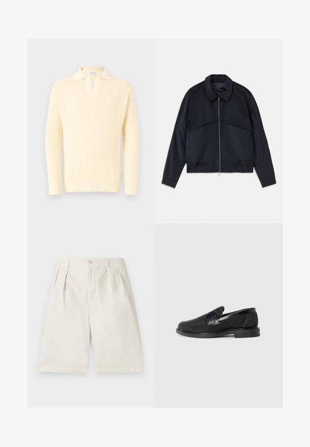 Jachetă de un albastru închis, cu guler, fermoar frontal și manșete elastice. Are două buzunare laterale și un design texturat, neted.; Pulover de culoare crem, cu un model de tricotaj texturat, cu un decolteu adânc în V și un design cu guler. Manșetele și tivul cu aspect de rib se evidențiază în stil.; Shorts din bumbac bej cu pliuri în față, buzunare laterale și închidere cu nasture. Materialul are o textură netedă și o croială bine definită.; Pantofii negri din material textil, cu accent din piele netedă pe partea superioară, design cu vârf rotund și talpă din cauciuc de profil redus.