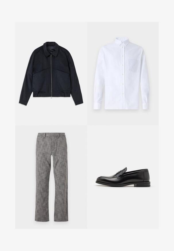 Mørkeblå jakke med krave, frontlynlås og elastiske manchetter. Har to sidelommer og et glat, struktureret design.; Hvid langærmet skjorte med knapper lavet af bomuld, med en brystlomme med tonal broderi, krave og knapmanchetter.; Grå mønstrede bukser med lige ben design. Lavet af et tekstureret stof, der har en frontlås og sidelommer.; Sorte læderloafers med en glat overflade, rund tå og en dekorativ strop over vampen. Lav hæl med stabeldesign, minimalistisk stil.