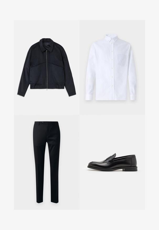 Dark navy jacket with a collared neck, front zipper, and elastic cuffs. Features two side pockets and a smooth, textured design.; White long-sleeve button-up shirt made of cotton, featuring a chest pocket with tonal embroidery, a collar, and button cuffs.; Black dress pants featuring a smooth fabric, tapered leg design, single button closure, and side pockets for utility.; Black leather loafers with a smooth texture, rounded toe, and a decorative strap across the vamp. Low stacked heel, minimalist design.
