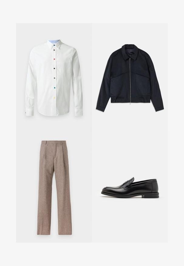 Jachetă de un albastru închis, cu guler, fermoar frontal și manșete elastice. Are două buzunare laterale și un design texturat, neted.; Cămașă albă cu mâneci lungi, cu guler cu butoni, având nasturi multicolori pe partea din față și o căptușeală de guler de culoare albastru deschis.; Pantaloni bej, cu talie înaltă, dintr-un material texturat. Prezintă picioare late și două pliseuri frontale pentru structură. Finisaj îngrijit, fără accesorii vizibile.; Mocasini din piele neagră cu o textură netedă, vârf rotund și o curea decorativă peste partea superioară. Toc mic, design minimalist.