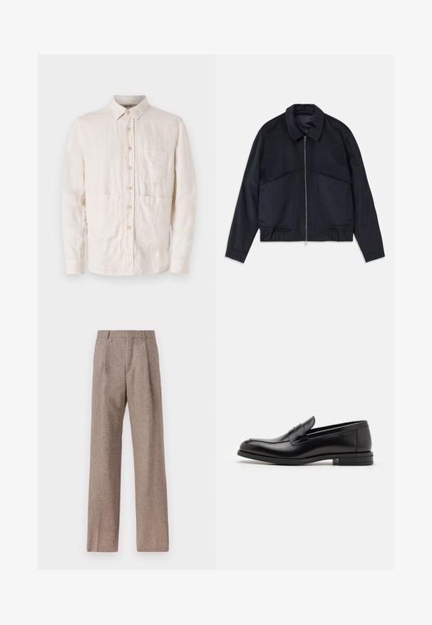 Tmavomodrá bunda s golierom, predným zipsom a elastickými manžetami. Obsahuje dve bočné vrecká a hladký, textúrovaný dizajn.; Svetlo béžová košeľa na gombíky vyrobená z textúrovanej látky. Obsahuje golier, sedem predných gombíkov a dve predné náprsné vrecká.; Hnedé, vysoké nohavice vyrobené z texturovanej látky. Majú široké nohavice a dva predné záhyby pre štruktúru. Úhľadné spracovanie bez viditeľného kovania.; Čierne kožené mokasíny s hladkou textúrou, zaoblenou špičkou a dekoračným pásikom cez priehlavok. Nízky vrstvený opätok, minimalistický dizajn.