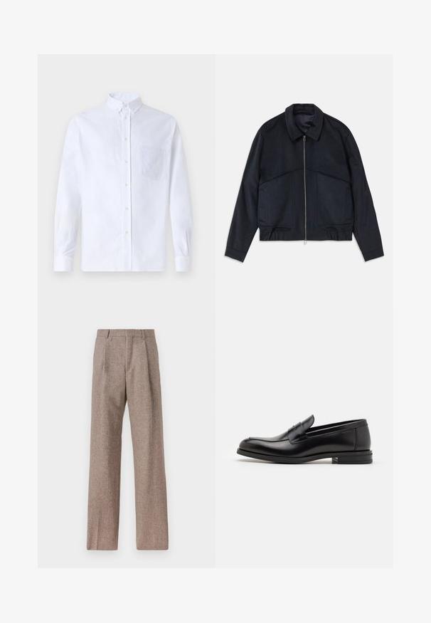 Σκούρο μπλε μπουφάν με λαιμόκοψη, φερμουάρ μπροστά και ελαστικούς καρπούς. Διαθέτει δύο πλαϊνές τσέπες και μια ομαλή, υφασμάτινη υφή.; Λευκό πουκάμισο με μακρύ μανίκι, φτιαγμένο από βαμβάκι, με τσέπη στο στήθος με τονικό κέντημα, γιακά και κουμπιά στους μανικέτες.; Καφέ παντελόνι με ψηλή μέση από υφαντό ύφασμα. Διαθέτει φαρδιές καβάτζες και δύο μανίκια μπροστά για δομή. Καθαρή φινίρισμα χωρίς ορατό εξοπλισμό.; Μαύρες δερμάτινες μπαλαρίνες με λεία υφή, στρογγυλή μύτη και διακοσμητική ταινία πάνω από το επάνω μέρος. Χαμηλός καπιτώνας, μινιμαλιστικός σχεδιασμός.