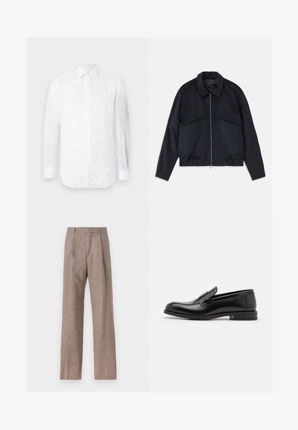 Tumši jūras zila jakas ar apkakli, priekšējo rāvējslēdzēju un elastīgām aprocēm. Tam ir divas sānu kabatas un gluda, teksturēta dizaina.; Balts lina krekls ar garām piedurknēm, izcilu apkakli, pogu priekšpusi un izliekto apakšmalu ar nedaudz teksturētu virsmu.; Brūni, augstos šortos izgatavoti no teksturēta auduma. Iezīmē plašas kājas un divas priekšējās krokas, kas nodrošina struktūru. Kārtīga apdare bez redzamām detaļām.; Melnas ādas kurpes ar gludu tekstūru, noapaļu purngalu un dekoratīvu siksniņu pāri priekšpusei. Zems sakrauts papēdis, minimālisma dizains.