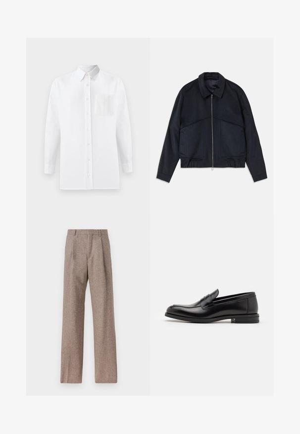 Tamsiai mėlynas švarkas su apykakle, priekinė užtrauktuko uždarymo ir elastiniais rankogaliais. Turi dvi šonines kišenes ir lygią, tekstūruotą dizainą.; Balta ilgomis rankovėmis marškiniai, pagaminti iš medvilnės, su klasikiniu apykaklės dizainu, priekinėmis kišenėmis ir perlinių mygtukų užsegimu. Glotni tekstūra, struktūruotas siluetas.; Rudos, aukšto liemens kelnes, pagamintas iš tekstūruotos medžiagos. Plati kojos, dvi priekinės klostės struktūrai. Tvarkingas apdailos darbai, be matomų detalių.; Juodos odinės loafers, turinčios lygų paviršių, apvalią noselę ir dekoratyvinę juostą per priekinę dalį. Žemas krentantis kulnas, minimalistinis dizainas.