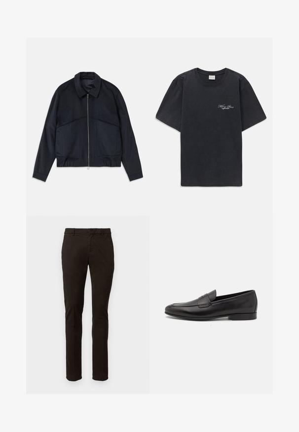 Veste bleu marine foncé avec un col, fermeture éclair sur le devant et poignets élastiques. Elle possède deux poches latérales et un design lisse et texturé.; T-shirt noir à manches courtes et col rond avec un petit logo « Filling Pieces » en blanc sur la poitrine gauche.; Dondup GAUBERT - Chino - brown; Mocassin pour homme en cuir noir avec un petit talon et un design classique à lanière penny, présenté en profil sur fond blanc.