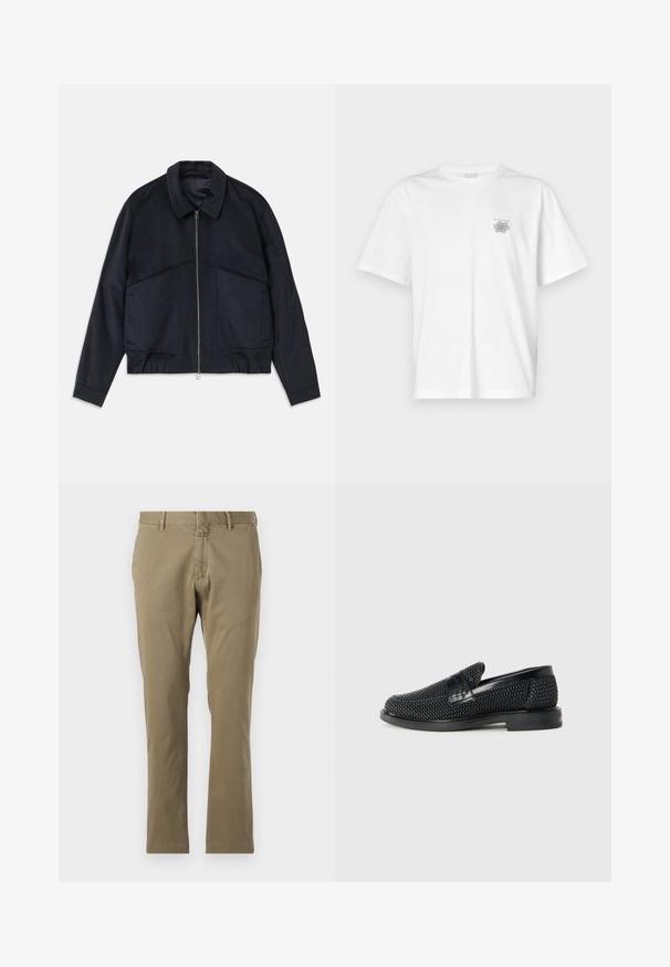 Dark navy jacket with a collared neck, front zipper, and elastic cuffs. Features two side pockets and a smooth, textured design.; White t-shirt made of cotton featuring short sleeves, a crew neck, and a small gray logo on the left chest area. Smooth texture.; Khaki trousers made of cotton blend fabric, featuring a flat front, classic fit, straight legs, belt loops, and a zip fly closure.; Black woven slip-on shoe with a smooth leather accent on the upper, a round toe design, and a low-profile rubber sole.