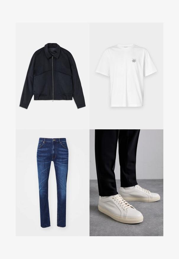 Casaco azul escuro com gola, fecho frontal e punhos elásticos. Apresenta dois bolsos laterais e um design suave e texturizado.; Camisa branca de algodão com mangas curtas, gola redonda e um pequeno logótipo cinza na área do peito esquerdo. Textura suave.; Jeans de denim azul escuro com um design de pernas retas, apresentando cinco bolsos, costura laranja em contraste e um clássico fecho de botão metálico.; Tênis de couro bege claro com atacadores planos, uma superfície texturizada e uma sola de borracha creme contrastante, combinados com calças pretas ajustadas.
