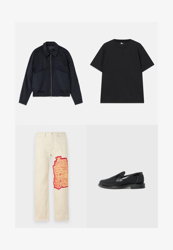 Tmavomodrá bunda s golierom, predným zipsom a elastickými manžetami. Obsahuje dve bočné vrecká a hladký, textúrovaný dizajn.; Čierne tričko s krátkym rukávom vyrobené z bavlny, s okrúhlym výstrihom a malým logom pri leme. Hladká textúra, bežný strih.; Bežové bavlnené nohavice s veľkým, textúrovaným červeným a žltým grafickým vzorom na ľavej nohe s štýlovým textom. Strih nohavíc je rovný.; Čierne tkané slip-on topánky s hladkým koženým akcentom na vrchnej časti, s okrúlym dizajnom špičky a nízkoprofilovou gumovou podrážkou.