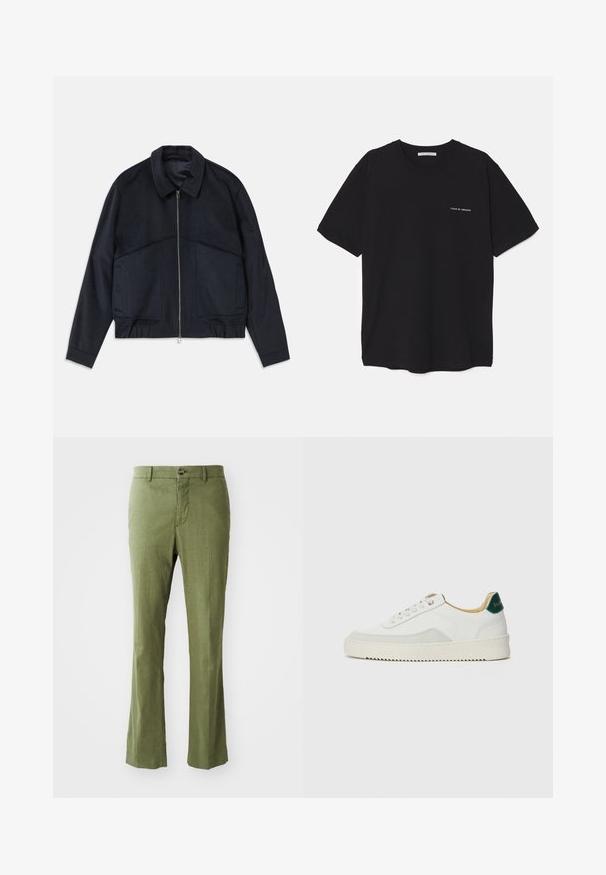 Donkerblauwe jas met een kraag, een ritssluiting aan de voorkant en elastische manchetten. Bevat twee zijzakken en heeft een gladde, gestructureerde uitstraling.; Zwarte katoenen T-shirt met een ronde hals, korte mouwen en een witte logo-print op de linkerkant van de borst. Eenvoudig, effen kleur ontwerp.; Olijfgroene linnen broek met een rechte pijp ontwerp, voorzien van een sluiting met een voorknoop en een subtiele textuur. Geen patronen of accenten.; Witte sneaker met suède accenten, ronde neus, platte veters en een crème rubberen zool. Bevat groene branding op de hiel.